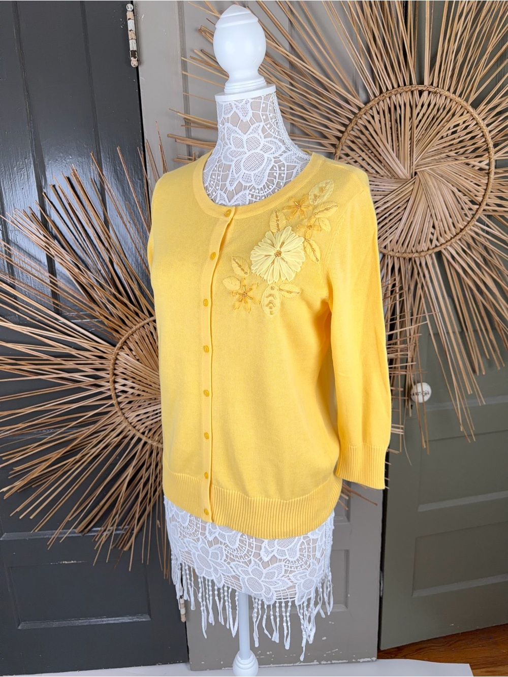 Christopher & Banks NWT Dandelion Yellow Embroidered Retro Cardigan Sweater M